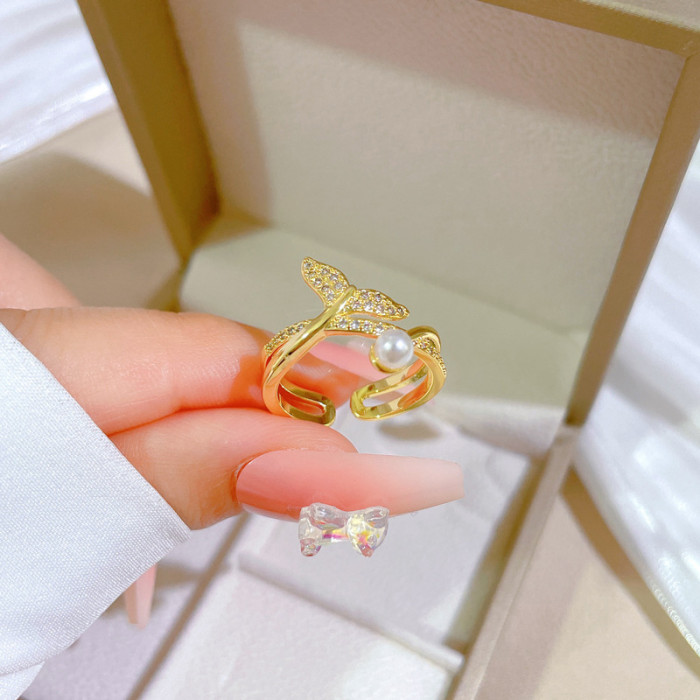 【Real Gold Plating】Open Fish Tail Pearl Fashion Micro Inlay Light Luxury Ring Index Finger Ring Internet Celebrity Same Style Minimalist Style