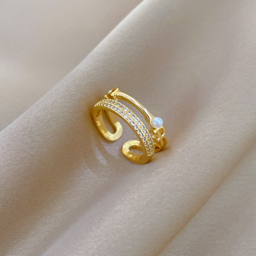 【Real Gold】Double Layer Pearl Full Diamond Ring Adjustable Open Simple Hand Jewelry Japanese Style Couple Rings