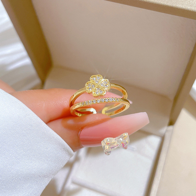 [Real Gold] Four-Leaf Flower Full Diamond Ring Adjustable Open Simple Hand Jewelry Japanese Style Couple Rings