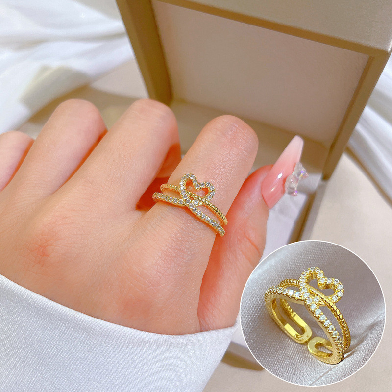 【Real Gold Plating】Open Heart Women's Fashion Micro Inlay Light Luxury Ring Index Finger Ring Internet Celebrity Same Style Minimalist Style