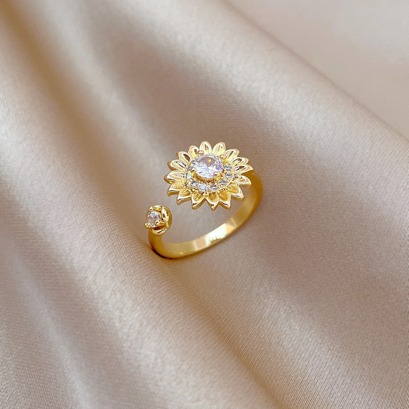 【Real Gold】Light Luxury Flower Full Diamond Ring Adjustable Open Simple Hand Jewelry Japanese Style Couple Rings