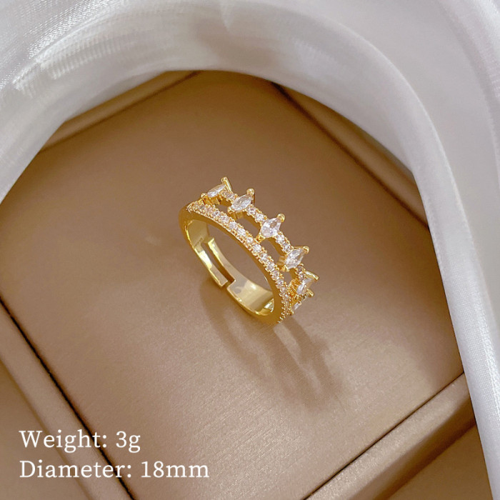【Real Gold】Full Diamond Double Layer Wedding Ring Adjustable Open Ring Simple Hand Jewelry Japanese Style Couple Rings