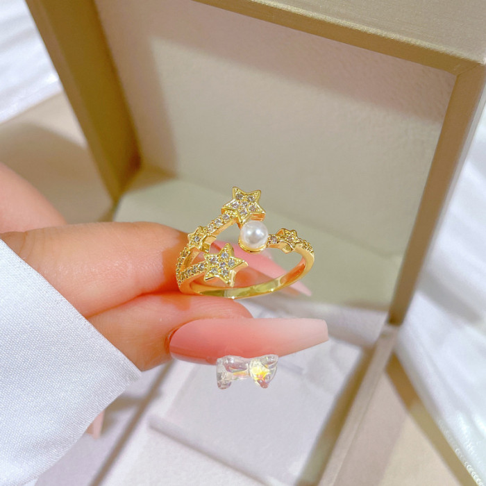 【Real Gold Plating】Open Star Pearl Fashion Micro Inlay Light Luxury Ring Index Finger Ring Internet Celebrity Same Style Minimalist Style