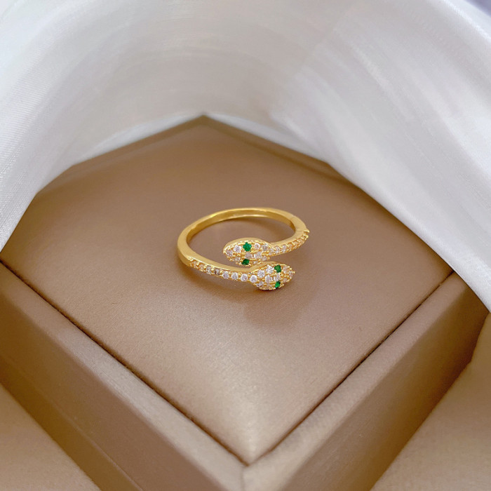 [Real Gold] Green-Eyed Little Snake Ring Adjustable Open Simple Hand Jewelry Japanese Style Couple Rings