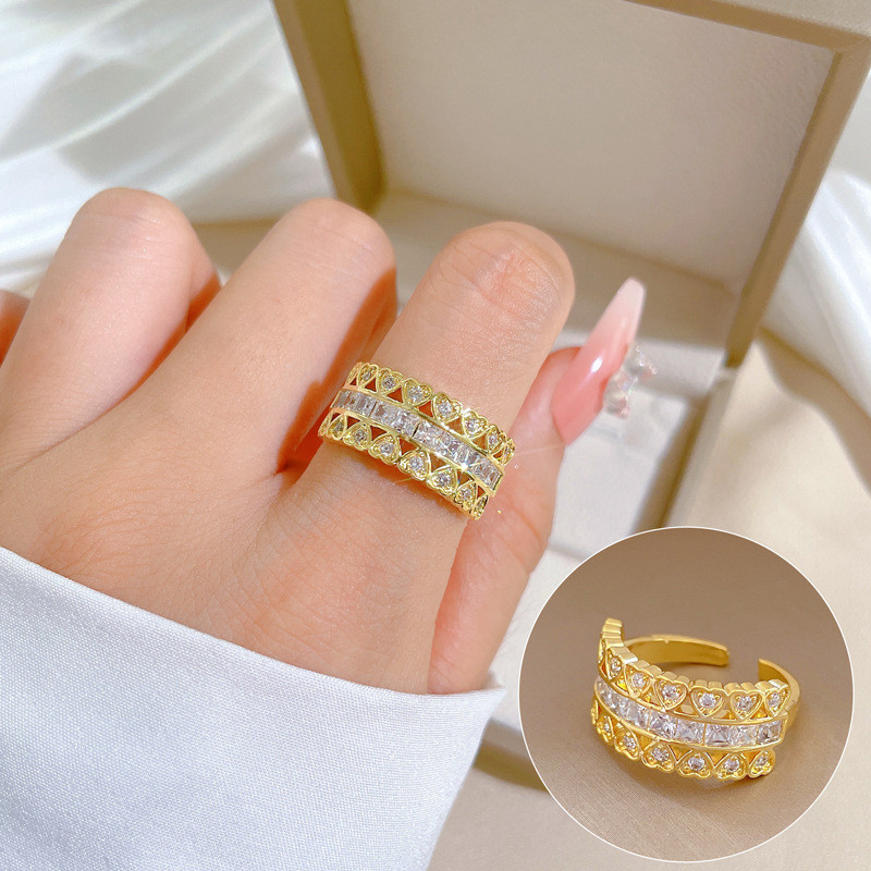 【Real Gold】Heart-Shaped Zircon Ring Adjustable Open Style Simple Hand Jewelry Japanese Style Couple Rings