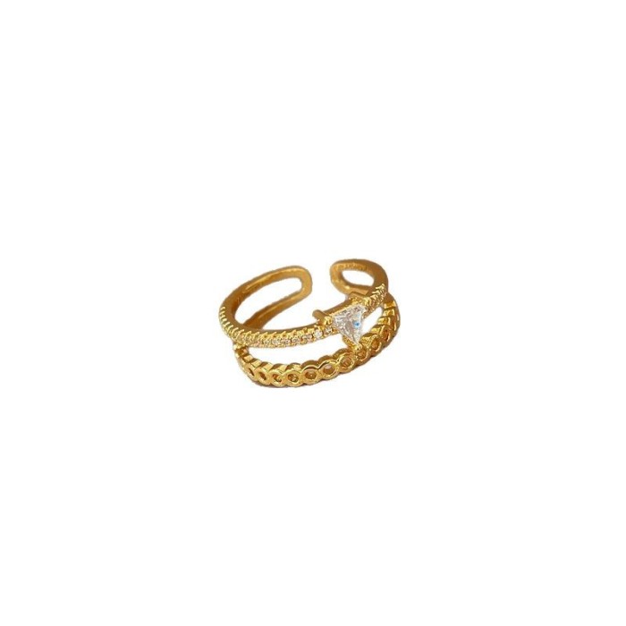 [Real Gold] Korean Version Super Shiny Zircon Chain Triangle Ring Adjustable Open Simple Japanese Style Ring