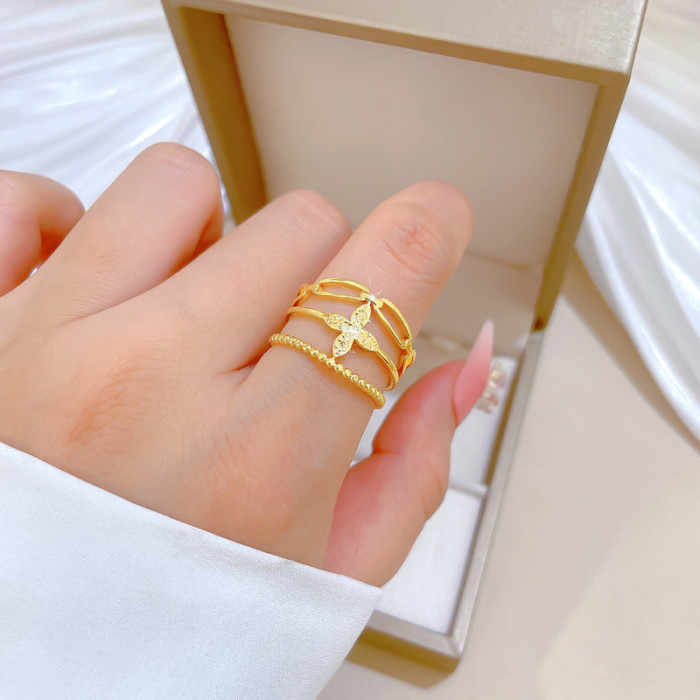 【Real Gold】Minimalist Style Lucky Clover Ring Adjustable Open Simple Hand Jewelry Japanese Style Couple Rings