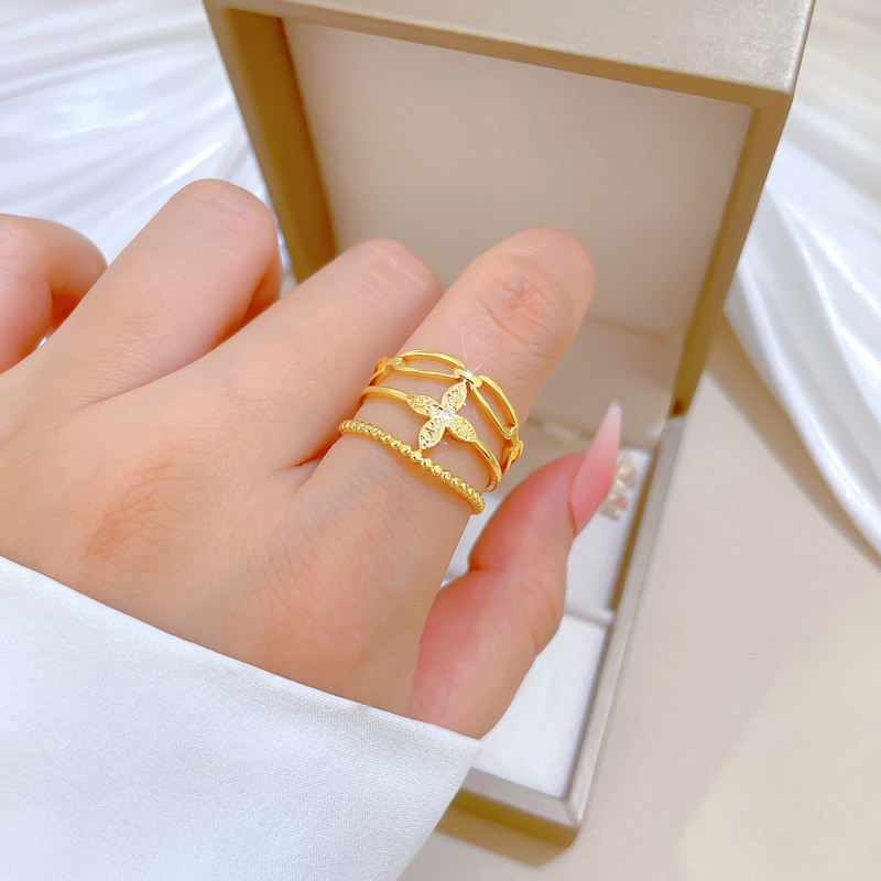 【Real Gold】Minimalist Style Lucky Clover Ring Adjustable Open Simple Hand Jewelry Japanese Style Couple Rings