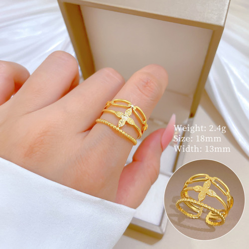 【Real Gold】Minimalist Style Lucky Clover Ring Adjustable Open Simple Hand Jewelry Japanese Style Couple Rings