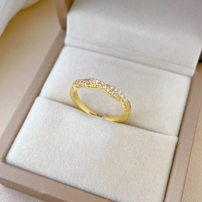 【Real Gold】Cross Twisted Full Diamond Ring Adjustable Open Simple Hand Jewelry Japanese Style Couple Rings