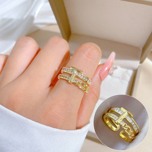 【Real Gold】T Zirconium Chain Full Diamond Ring Adjustable Open Simple Hand Jewelry Japanese Style Couple Rings