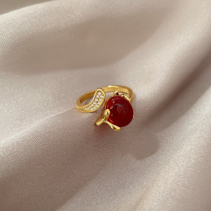 [Real Gold] TikTok Live Style Copper Micro Inlaid Zircon Elegant Red Fox Ring for Women Adjustable Open Ring for Women