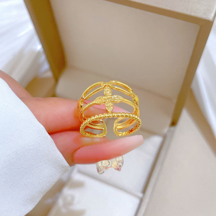 【Real Gold】Minimalist Style Lucky Clover Ring Adjustable Open Simple Hand Jewelry Japanese Style Couple Rings