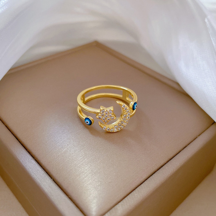 【Real Gold Plating】Open Star Moon Fashion Micro Inlay Light Luxury Ring Index Finger Ring Internet Celebrity Same Style Minimalist Style