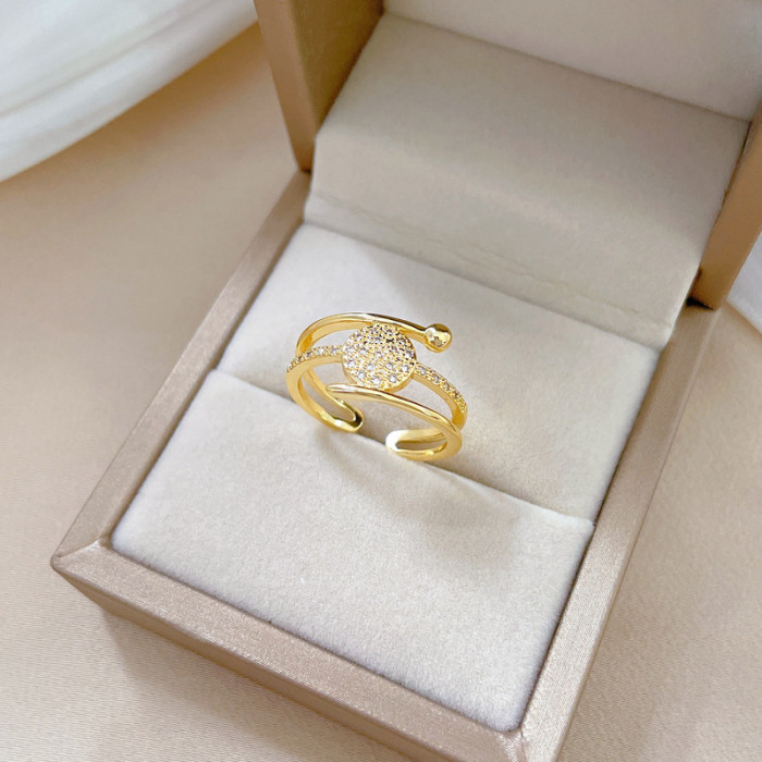 【Real Gold】Round Three-Layer Full Diamond Ring Adjustable Open Simple Hand Jewelry Japanese Style Couple Rings