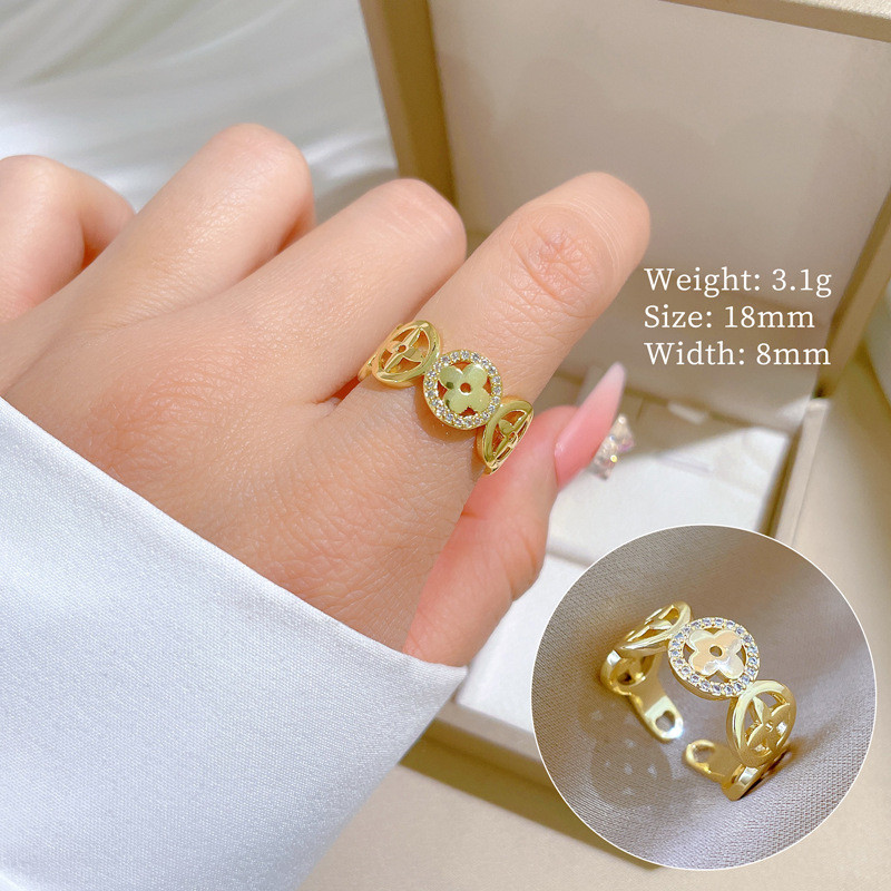 [Real Gold] Copper Coin Four-Leaf Flower Ring Adjustable Open Ring Light Luxury Hand Jewelry Japanese Style Couple Rings