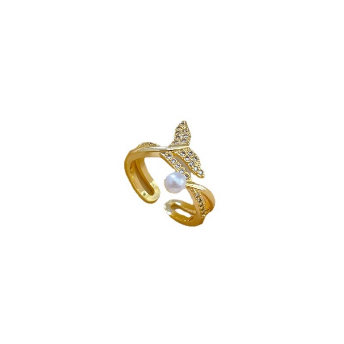 【Real Gold Plating】Open Fish Tail Pearl Fashion Micro Inlay Light Luxury Ring Index Finger Ring Internet Celebrity Same Style Minimalist Style