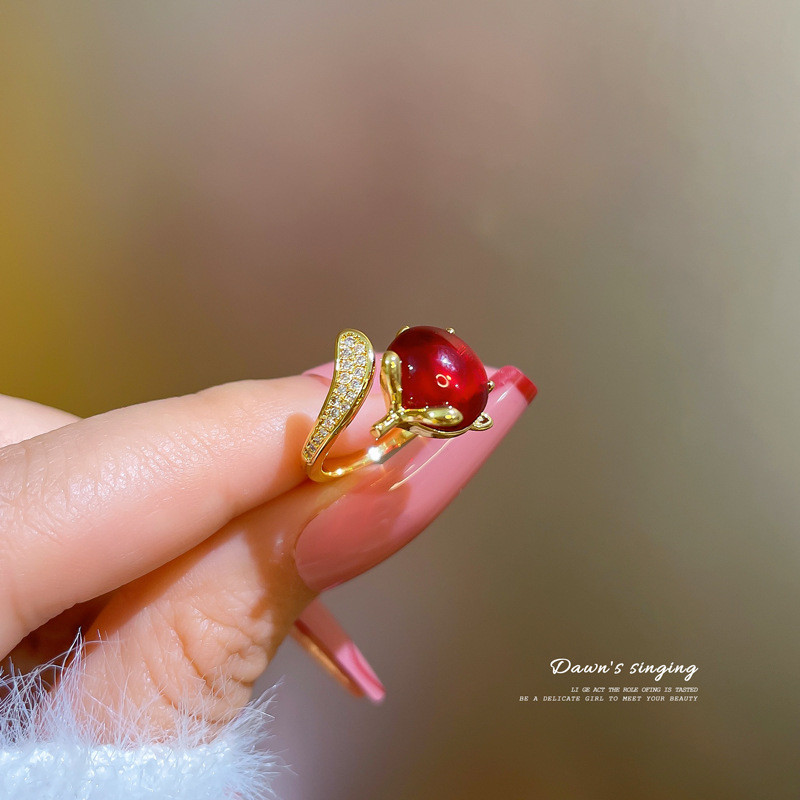 [Real Gold] TikTok Live Style Copper Micro Inlaid Zircon Elegant Red Fox Ring for Women Adjustable Open Ring for Women
