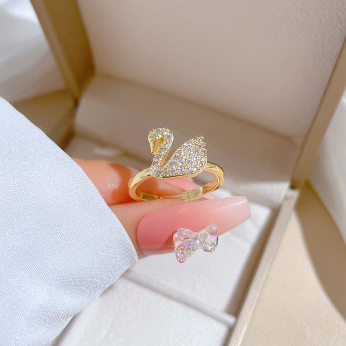 【Real Gold】Full Diamond Swan Wedding Ring Adjustable Open Ring Simple Hand Jewelry Japanese Style Couple Rings