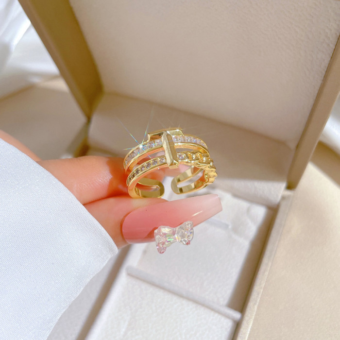 【Real Gold】T Zirconium Chain Full Diamond Ring Adjustable Open Simple Hand Jewelry Japanese Style Couple Rings