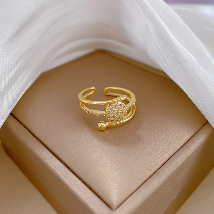 【Real Gold】Round Three-Layer Full Diamond Ring Adjustable Open Simple Hand Jewelry Japanese Style Couple Rings