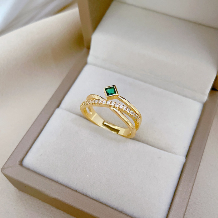 【Real Gold】Cross Green Full Diamond Ring Adjustable Open Simple Hand Jewelry Japanese Style Couple Rings