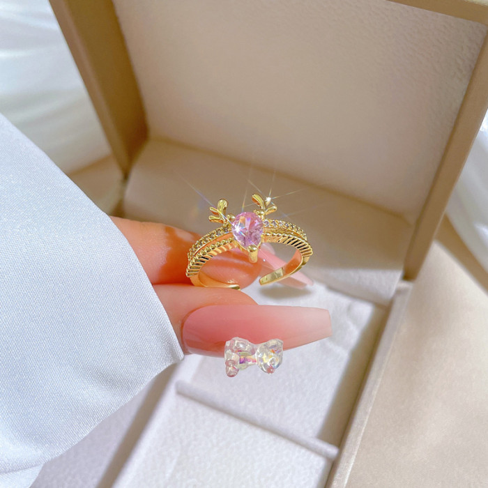【Real Gold】One Deer With You Full Diamond Ring Adjustable Open Simple Hand Jewelry Japanese Style Couple Rings