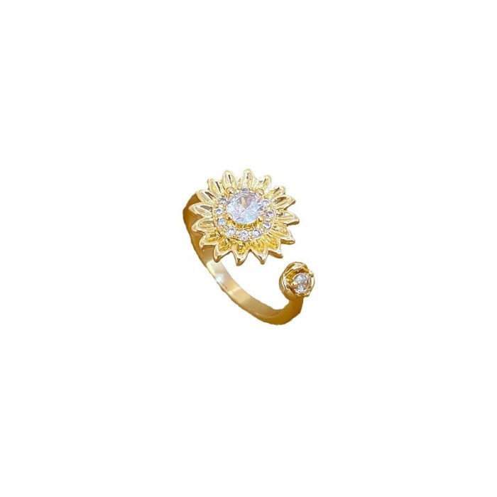 【Real Gold】Light Luxury Flower Full Diamond Ring Adjustable Open Simple Hand Jewelry Japanese Style Couple Rings