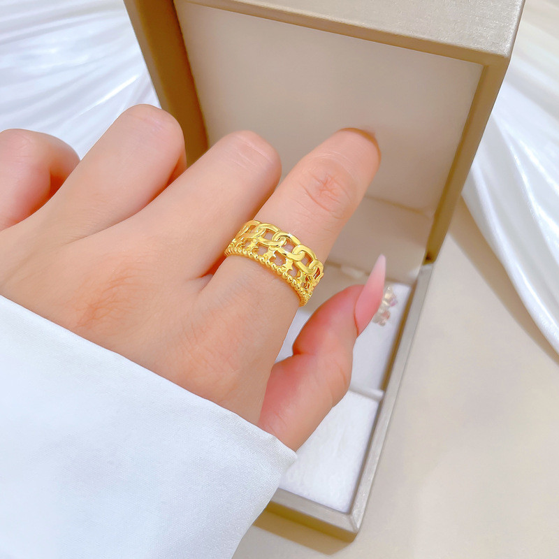 【Real Gold】Minimalist Chain Ring Adjustable Open Style Simple Jewelry Japanese Style Couple Rings