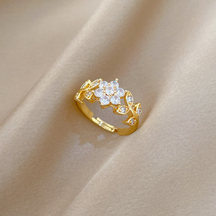 [Gold-Plated]Light Luxury Flower Fully Stone-Set Ring Adjustable Open Simple Hand Jewelry Japanese Style Couple Rings