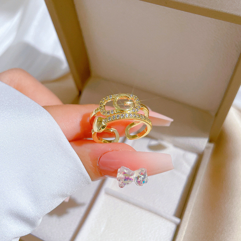 【Real Gold Plating】Open Letter Women's Fashion Micro Inlay Light Luxury Ring Index Finger Ring Internet Celebrity Same Style Minimalist Style