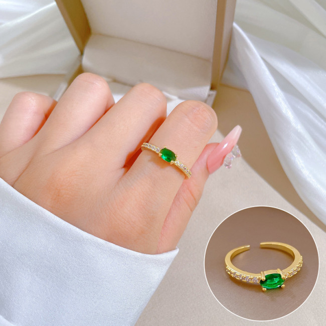 [Real Gold] Green Zircon Ring Adjustable Open Simple Hand Jewelry Japanese Style Couple Rings