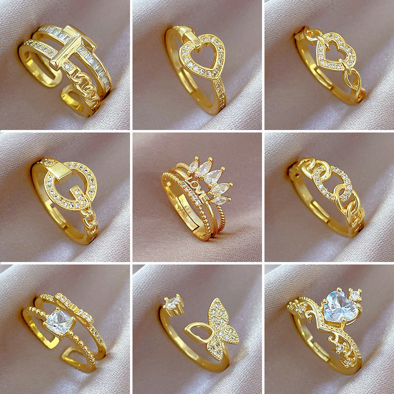 [Real Gold Plating] European and American Design Ins Style Geometric Diamond-Embedded Ball Ring Women's Cold Style Open Ring