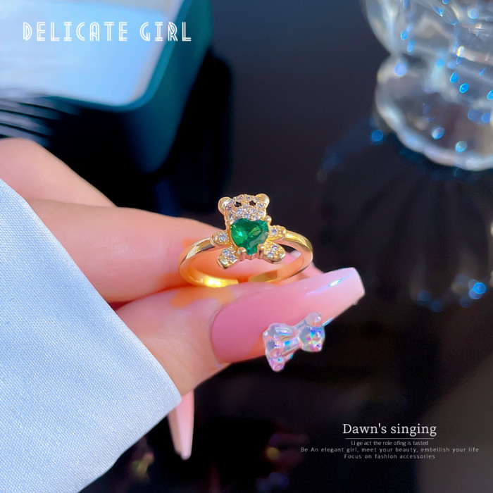 [Real Gold] Inlaid Diamond Bear Open Ring for Women, Korean and Japanese Niche Simple Design Index Finger Ring, Internet Celebrity Ring