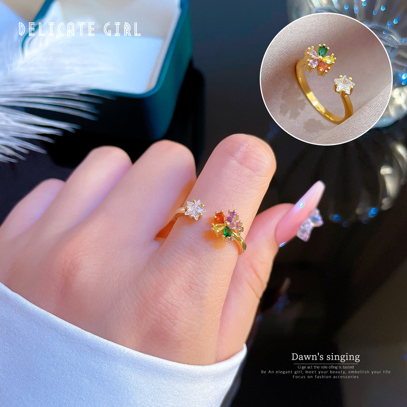 [Real Gold] Inlaid Diamond Flower Open Ring for Women, Korean and Japanese Niche Simple Design Index Finger Ring, Internet Celebrity Ring