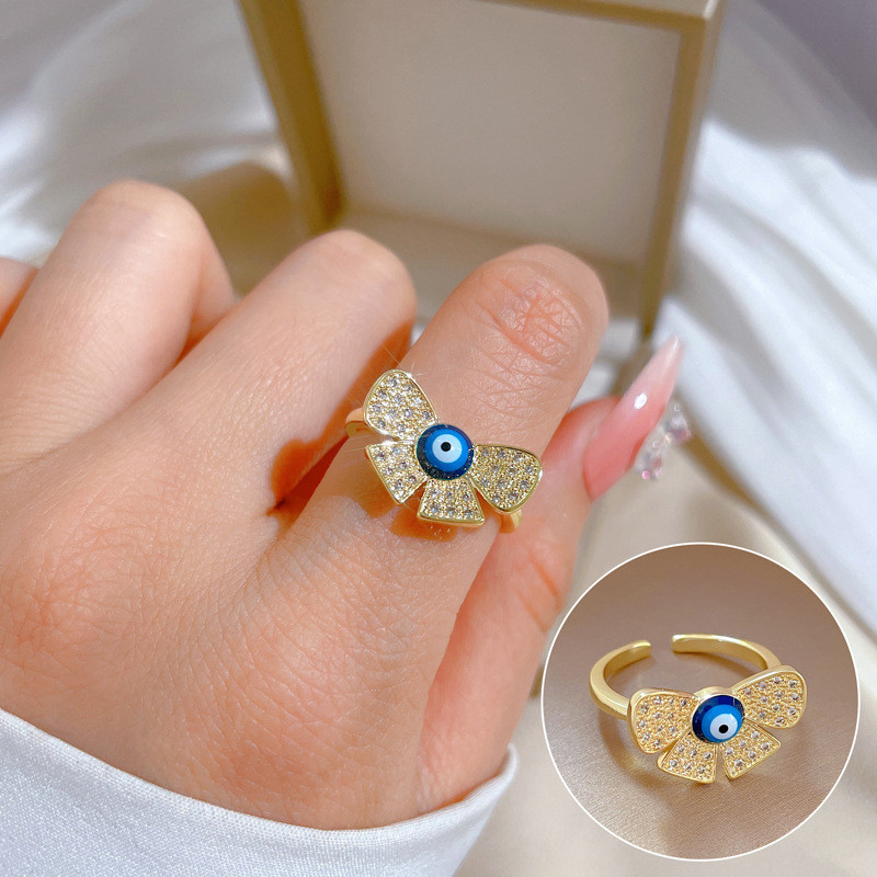 [Real Gold] Butterfly Eye Zircon Ring Adjustable Open Simple Hand Jewelry Japanese Style Couple Rings