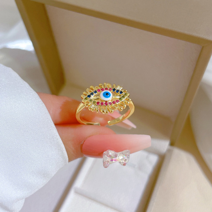 【Real Gold】Devil's Eye Zircon Ring Adjustable Open Simple Hand Jewelry Japanese Style Couple Rings