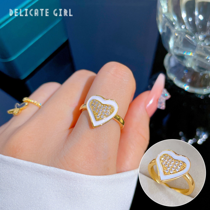 【Real Gold】Oil Drop Heart Full Diamond Ring Adjustable Open Simple Hand Jewelry Japanese Style Couple Rings