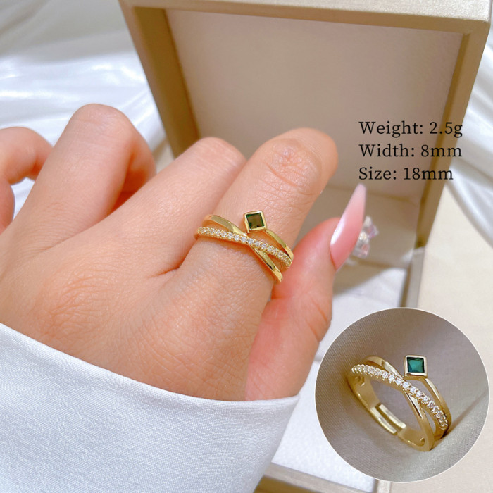 【Real Gold】Cross Green Full Diamond Ring Adjustable Open Simple Hand Jewelry Japanese Style Couple Rings