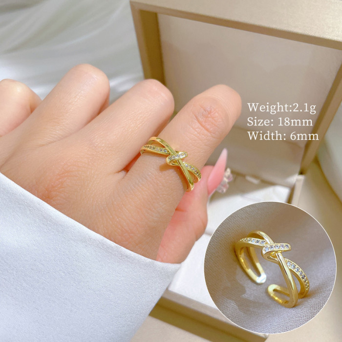 【Real Gold】Cross Knot Full Diamond Ring Adjustable Open Simple Hand Jewelry Japanese Style Couple Rings