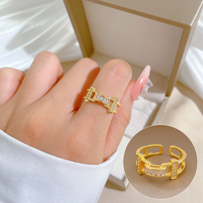 [Real Gold Plating] European and American Design Ins Style Geometric Diamond-Embedded Ball Ring Women's Cold Style Open Ring