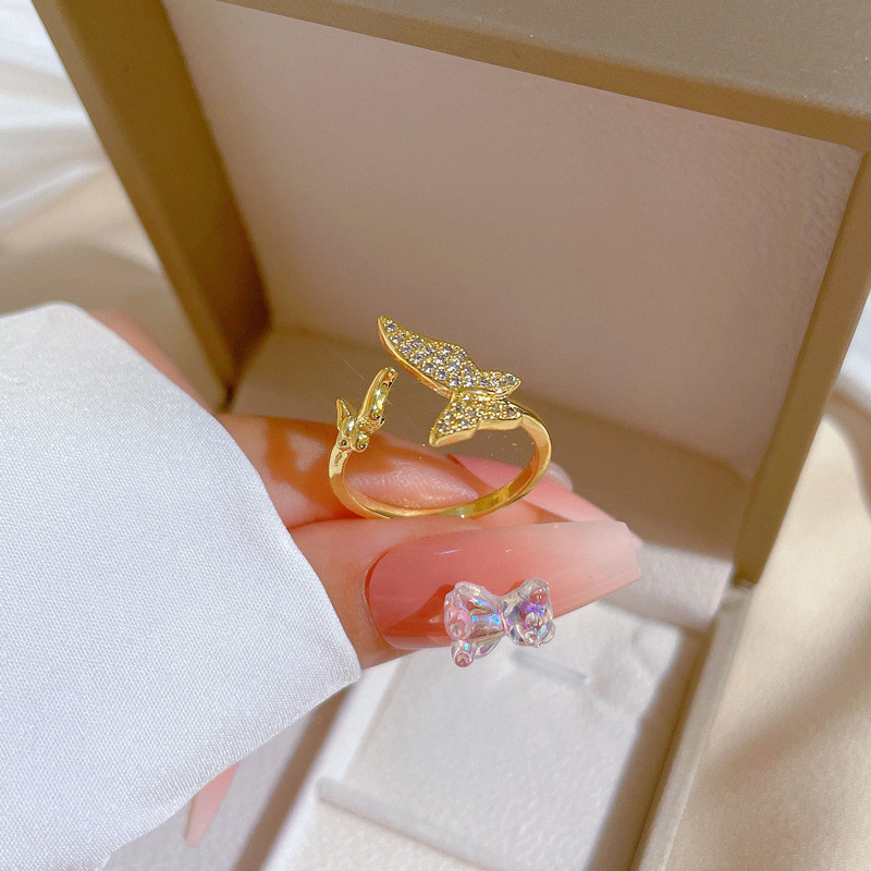 【Real Gold Plating】Open Butterfly Women's Fashion Micro Inlay Light Luxury Ring Index Finger Ring Internet Celebrity Same Style Minimalist Style
