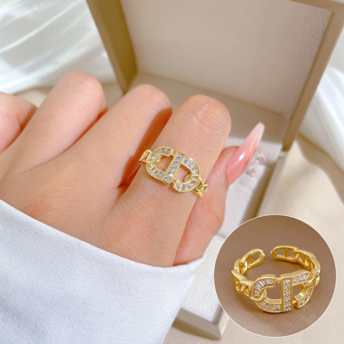 【Real Gold】CD Zircon Ring Adjustable Open Style Simple Hand Jewelry Japanese Style Couple Rings