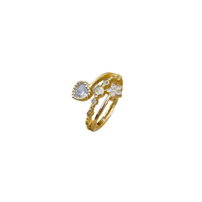[Real Gold] Heart Star Full Diamond Ring Adjustable Open Simple Jewelry Japanese Style Couple Rings