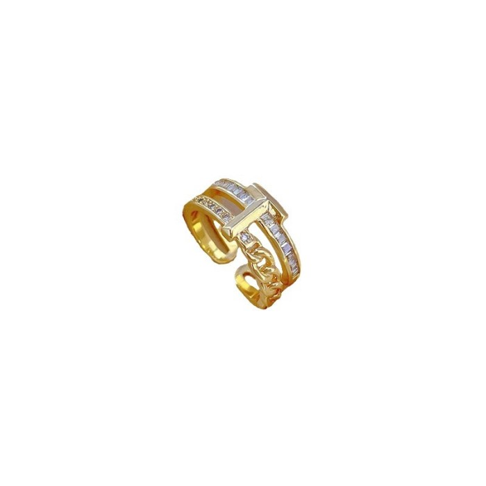 【Real Gold】T Zirconium Chain Full Diamond Ring Adjustable Open Simple Hand Jewelry Japanese Style Couple Rings