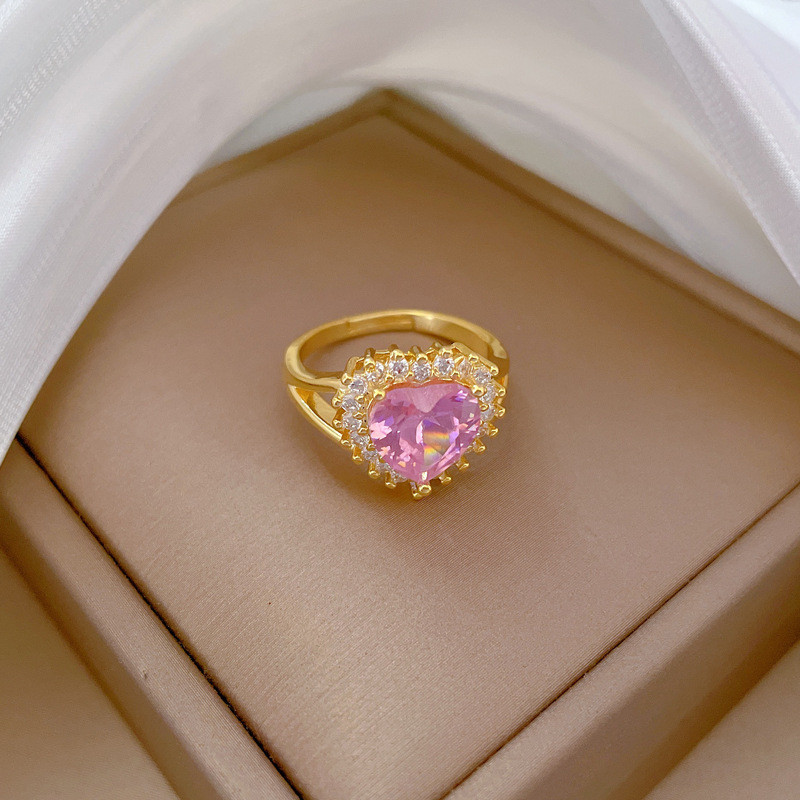 【Real Gold】Heart Pink Wedding Ring Adjustable Open Ring Simple Hand Jewelry Japanese Style Couple Rings