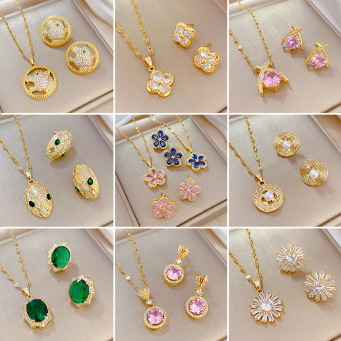 【Set】High-Quality Elegant Light Luxury Full Zircon Heavy Craft Real Gold Plated Copper Micro-Inlaid Earrings Necklace...