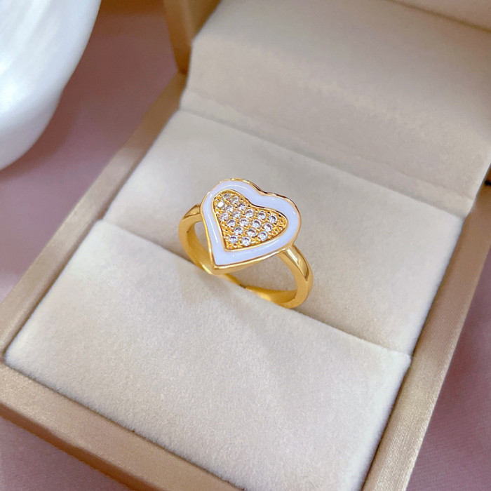 【Real Gold】Oil Drop Heart Full Diamond Ring Adjustable Open Simple Hand Jewelry Japanese Style Couple Rings