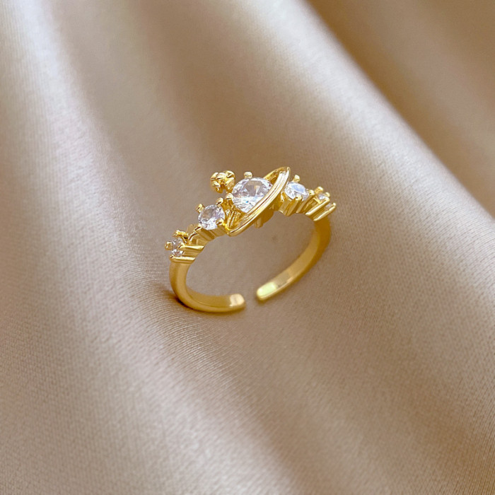 【Real Gold】Zircon Planet Full Diamond Ring Adjustable Open Simple Hand Jewelry Japanese Style Couple Rings