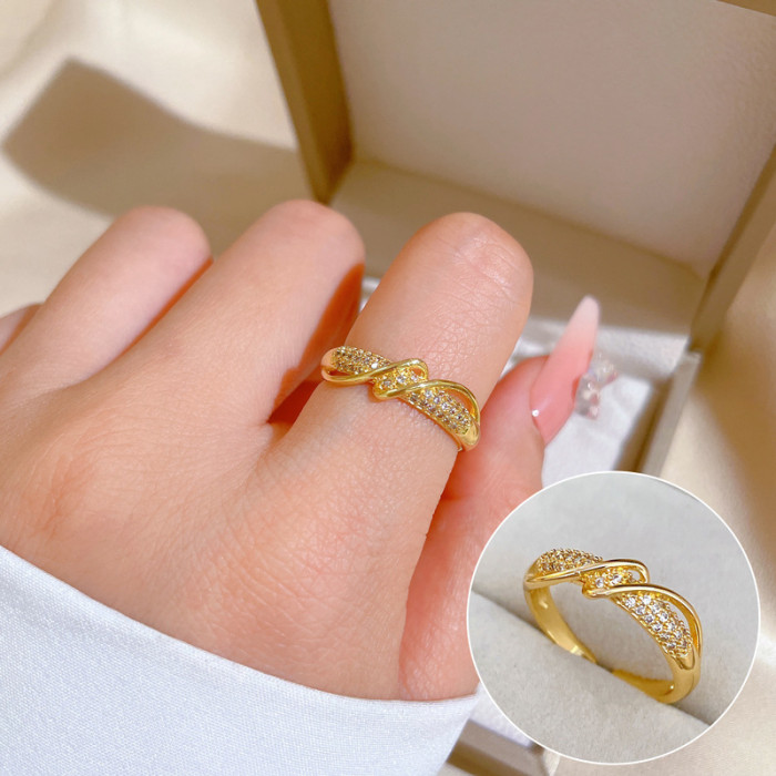 [Real Gold Plating] European and American Design Ins Style Geometric Diamond-Embedded Ball Ring Women's Cold Style Open Ring
